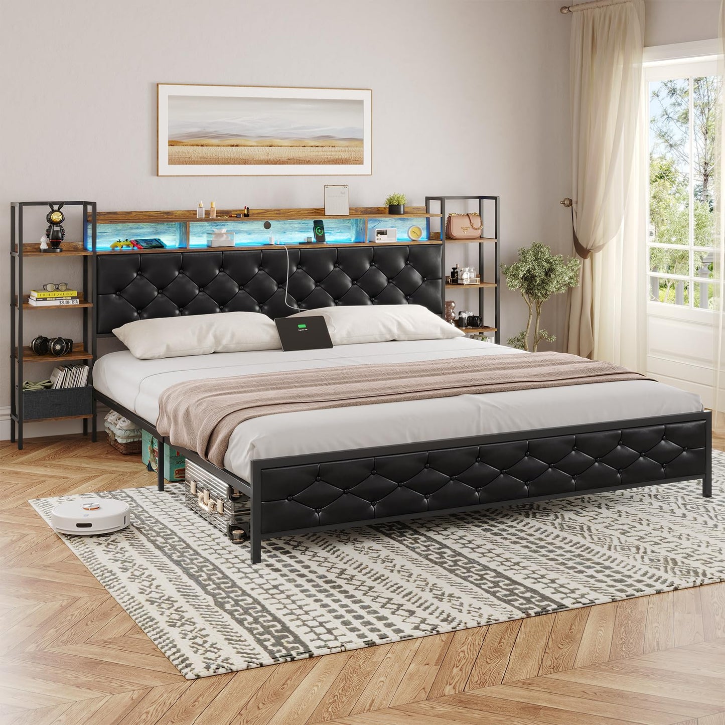 DICTAC King Size Metal Bed Frame with Smart Charging Headboard, Storage Shelves, and LED Lighting - WoodArtSupply