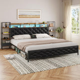 DICTAC King Size Metal Bed Frame with Smart Charging Headboard, Storage Shelves, and LED Lighting DICTAC