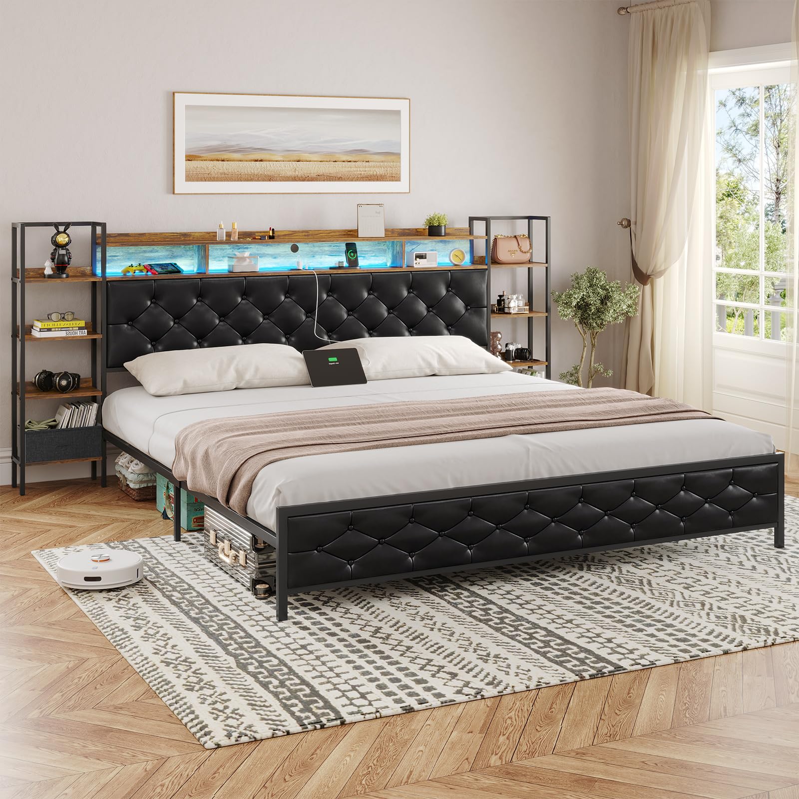 DICTAC King Size Metal Bed Frame with Smart Charging Headboard, Storage Shelves, and LED Lighting - WoodArtSupply