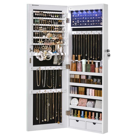 SONGMICS Hanging Jewelry Cabinet, Wall-Mounted Cabinet with LED Interior Lights, Door-Mounted Jewelry Organizer, Full-Length Mirror, Gift Idea, White UJJC99WT SONGMICS