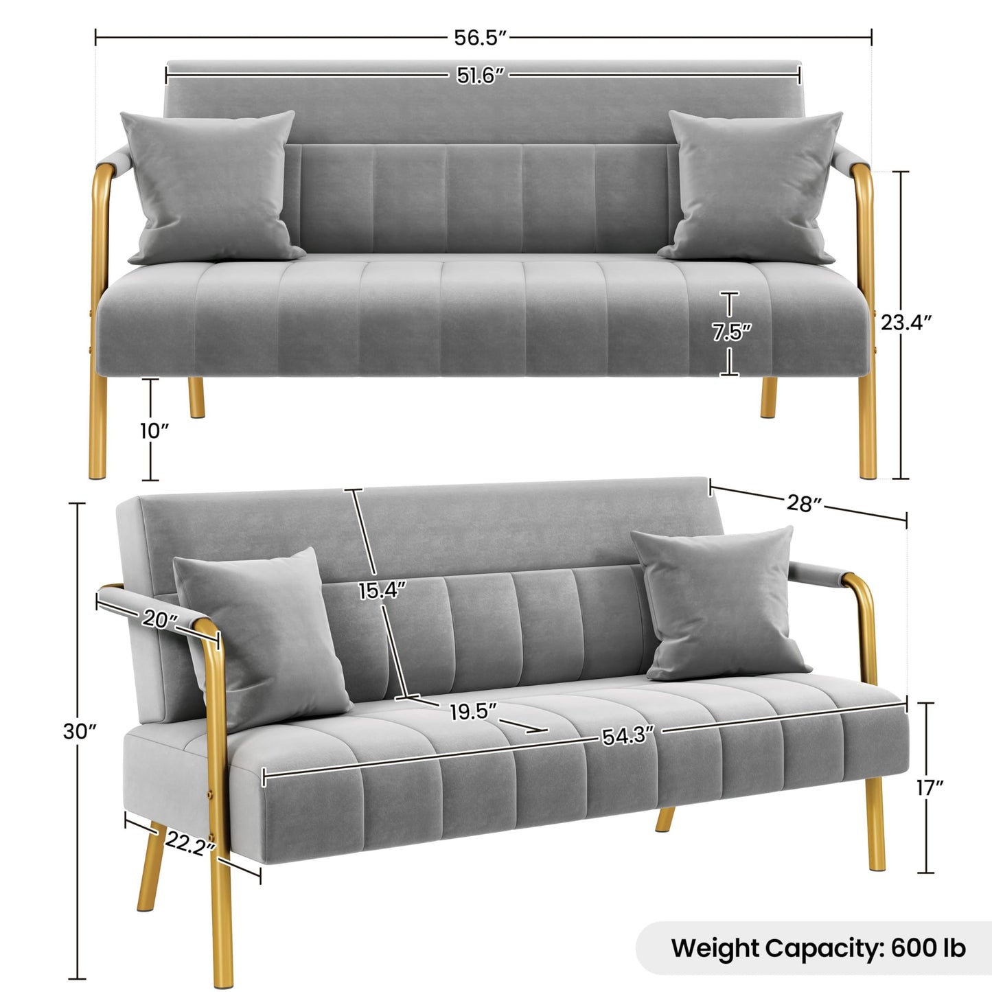 Yaheetech 56.5" W Modern Loveseat 2 Seater Sofa Luxurious Velvet Fabric Couch with Gold-Tone Metal Arms and Legs for Living Room, Home Office, Studio Light Gray - WoodArtSupply