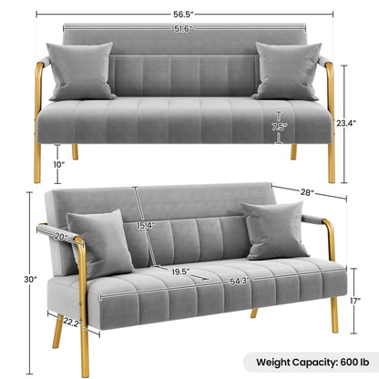 Yaheetech 56.5" W Modern Loveseat 2 Seater Sofa Luxurious Velvet Fabric Couch with Gold-Tone Metal Arms and Legs for Living Room, Home Office, Studio Light Gray