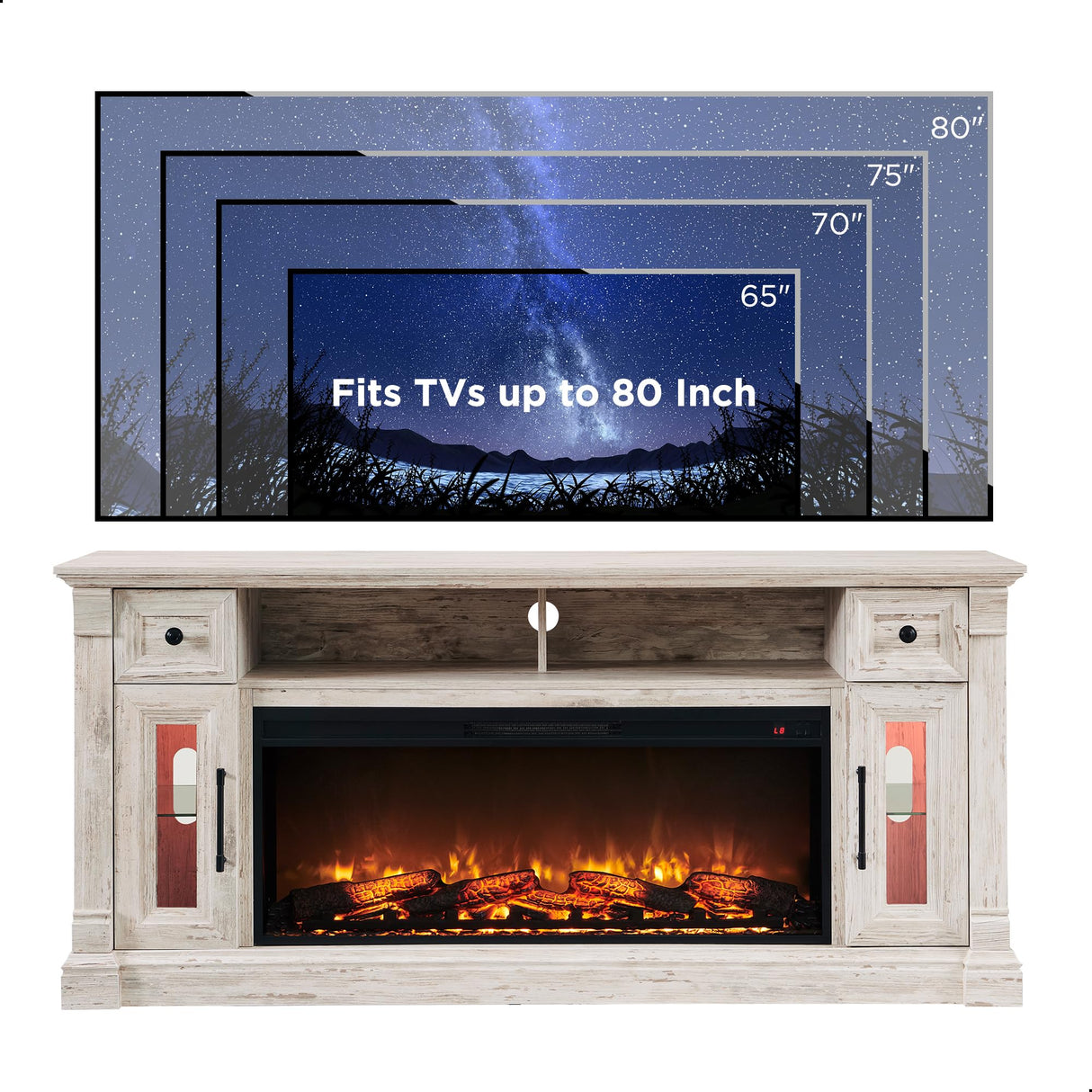 OKD Fireplace TV Stand for 80 Inch TV - Farmhouse Entertainment Center with 42" Electric Fireplace & LED Lights, Wood Media Console with Storage Drawers & Cabinets for Living Room, Antique Brush White OKD