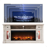 OKD Fireplace TV Stand for 80 Inch TV - Farmhouse Entertainment Center with 42" Electric Fireplace & LED Lights, Wood Media Console with Storage Drawers & Cabinets for Living Room, Antique Brush White OKD