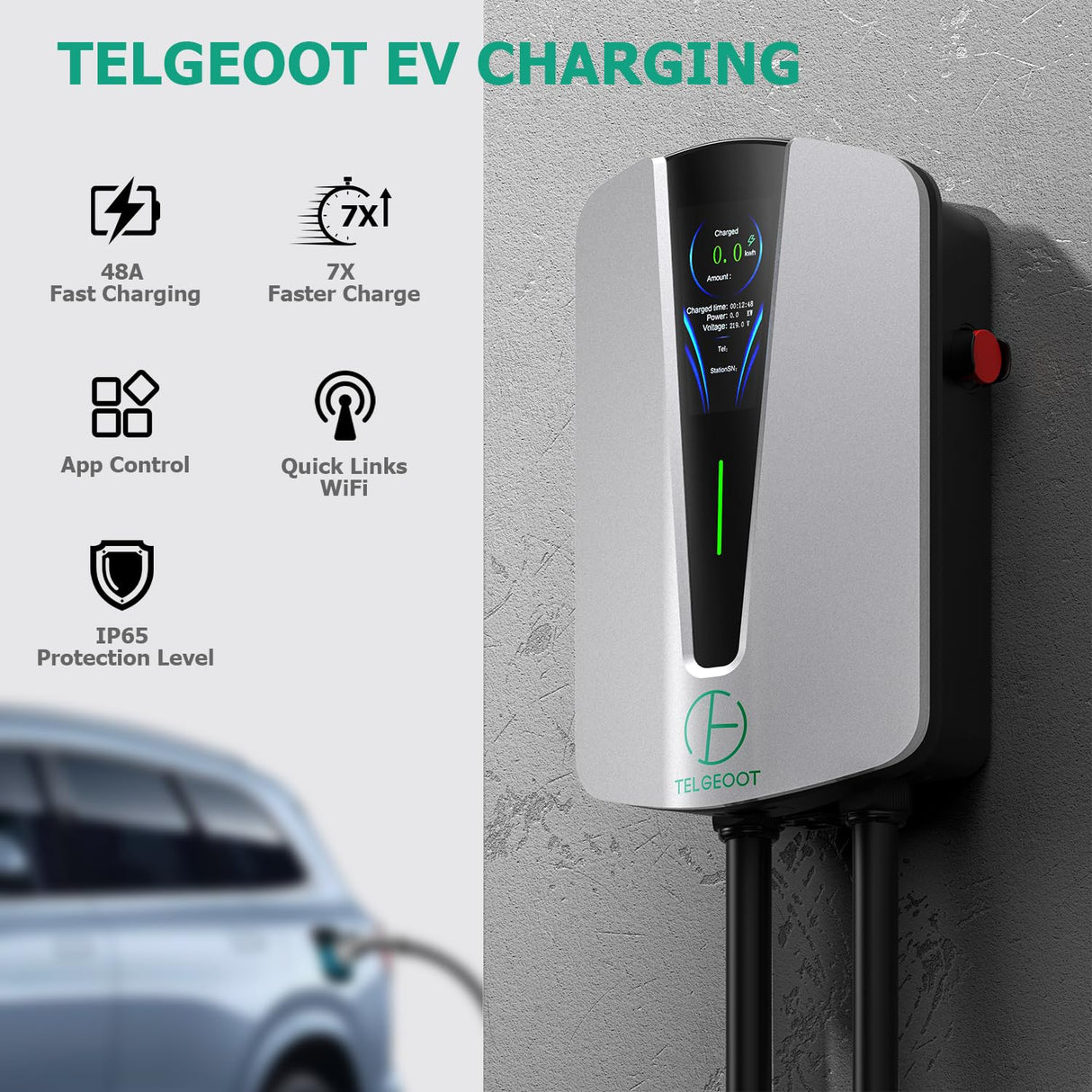 TELGEOOT Level 2 EV Charger 48Amp, Indoor/Outdoor Electric Car Charger EVSE SAE J1772, NEMA 14-50 Plug, 25ft Cable, Start Charge Timer, WiFi Enabled TELGEOOT