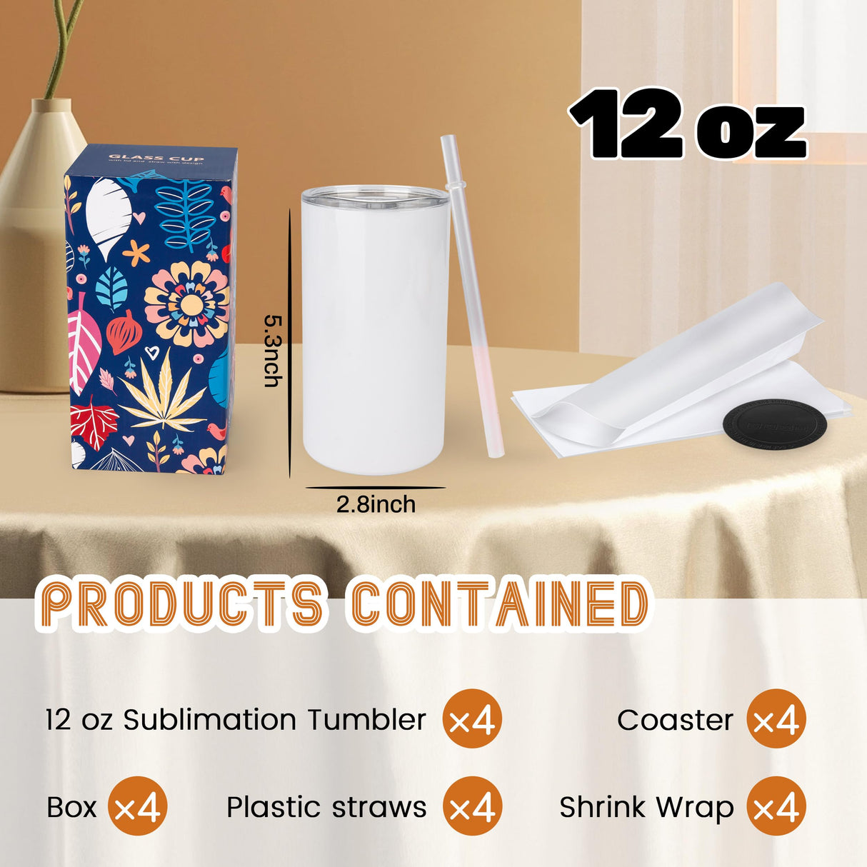 Joyclub 4 Pack 12 oz Sublimation Tumblers Stainless Steel Skinny Straight Sublimation Tumbler with Lid and Straw Ideal for DIY Gifts, Tea, Coffee，Wine Joyclub