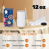 Joyclub 4 Pack 12 oz Sublimation Tumblers Stainless Steel Skinny Straight Sublimation Tumbler with Lid and Straw Ideal for DIY Gifts, Tea, Coffee，Wine Joyclub