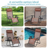 Zero Gravity Chair Set of 2, Folding Reclining zero gravity recliner lounge Chair 330lbs with Pillow and Cup Holder Trays, Steel Mesh outdoor recliners for patio Poolside Backyard Beach (Brown) BUPPLEE