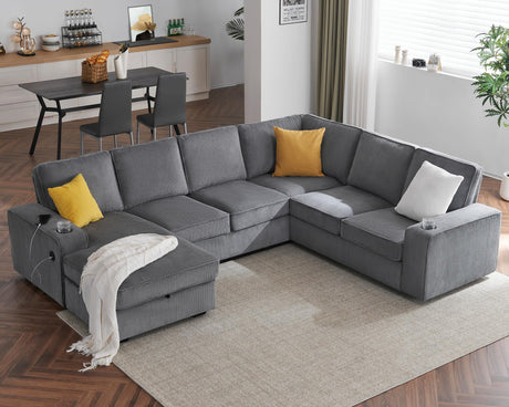 PaPaJet Oversized Sofa, 112 inch U Shaped Sofa with USB Ports, Sectional Couch with Storage Chaise, Corduroy Grey PaPaJet