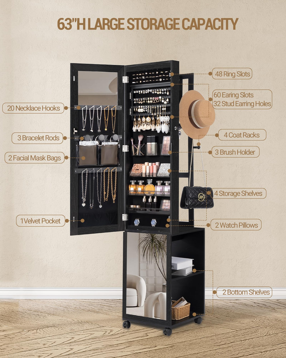 Hzuaneri 8 LEDs Jewelry Cabinet Armoire, 64.8-inch Jewelry Organizer with Garment Rack, Lockable Full-length Mirror with 4 Wheels, Storage Shelves with Hooks, 5-in-1, Black JC17004B Hzuaneri