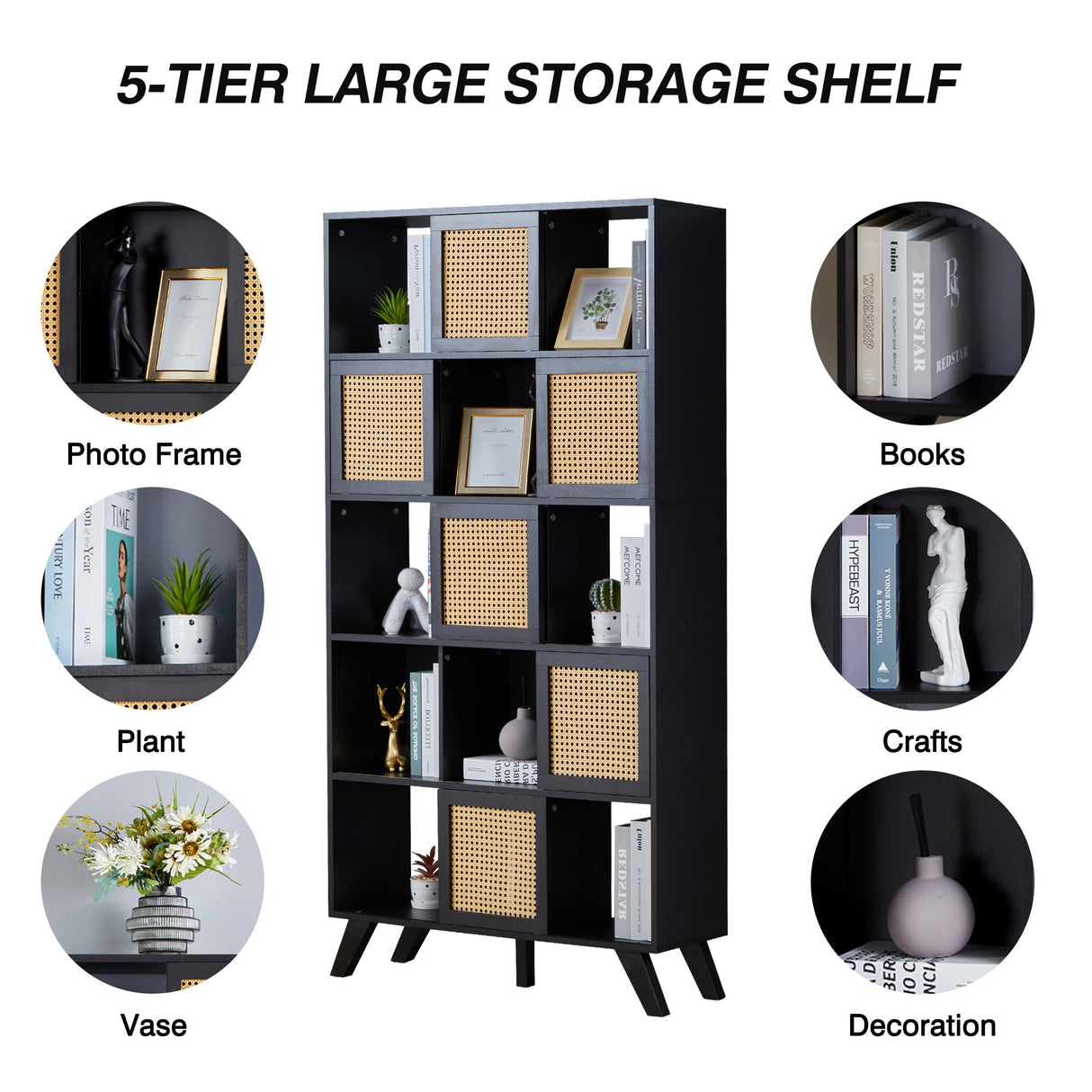 AVZEAR Kitchen Pantry Cabinet, 71” Farmhouse Solid Wood Storage Cabinet with Rattan Doors, Freestanding Storage Shelving Unit, Buffet Cupboards Cabinet for Kitchen Living Room (Black) AVZEAR