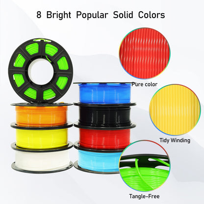 1.75mm 8 Spools Popular Colors 3D Printer PLA Filament Bundle Pack: Black White Red Blue Yellow Orange Limegreen SkyBlue, Each Spool 250g, Widely Compatible, Total 2Kg 3D Printing Filament - WoodArtSupply