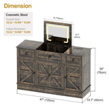 MDGC 3 in 1 Vanity Desk with Mirror and Lights, Farmhouse Dressing Table with Charging Station, Compact Makeup Vanity Table with 3 Drawers, Adjustable Shelves & Hidden Storage Stool (Rustic Brown) MDGC