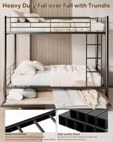 Feetice Full Over Full Bunk Bed with Trundle, Heavy Duty Metal Bed Frame with Full-Length Guardrails & Ladder, 3-in-1 Convertible Full Bunk Bed, Noise-Free, No Box Spring Needed, Black Feetice