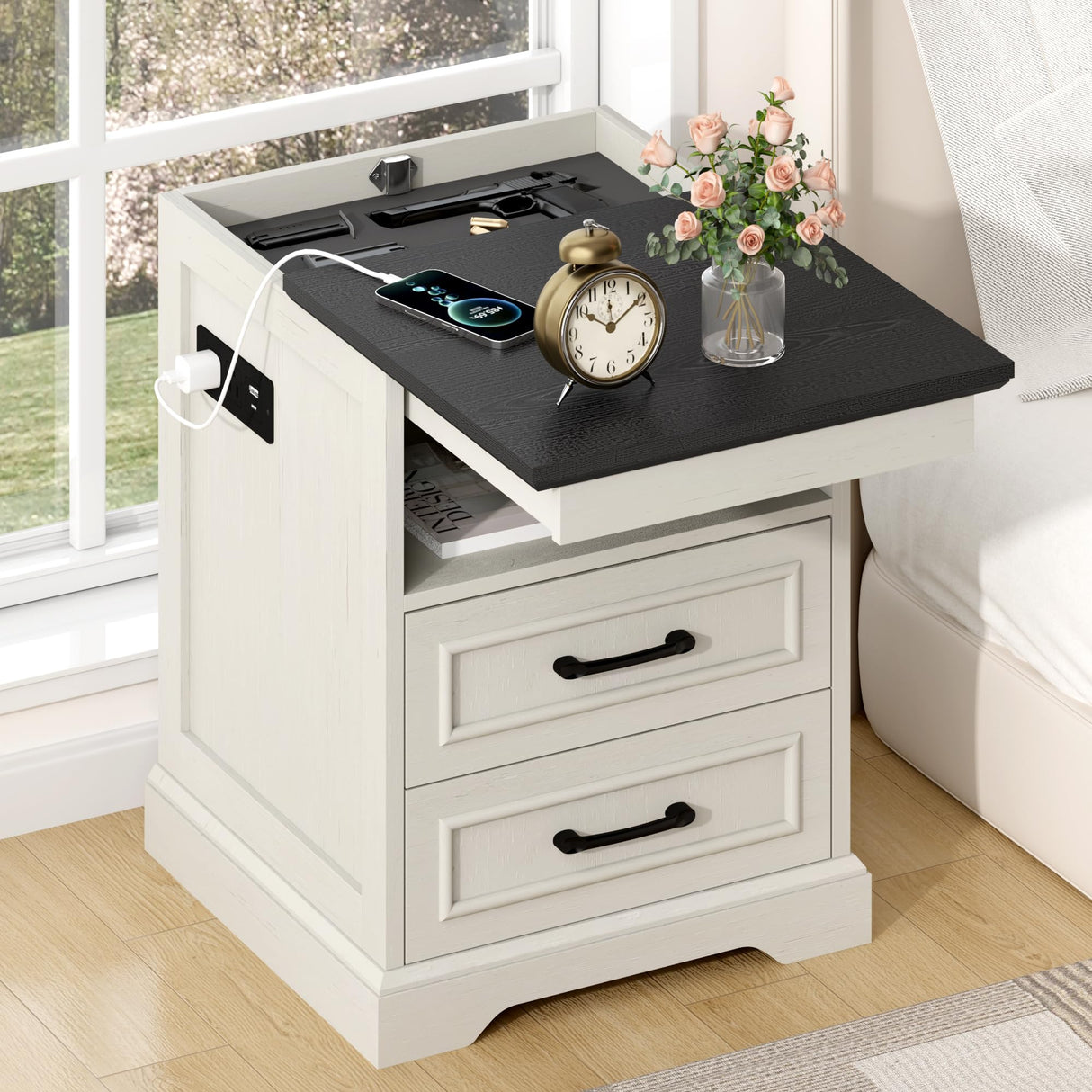 Gadroad 18" Farmhouse Accent Nightstand with Charging Station, End Table with 3 Drawers Storage, Side Table, Bedside Cabinet for LivingRoom Bedroom Office, Antique White Gadroad