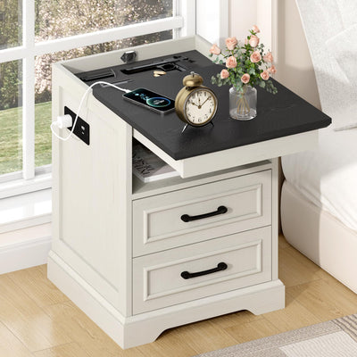 Gadroad 18" Farmhouse Accent Nightstand with Charging Station, End Table with 3 Drawers Storage, Side Table, Bedside Cabinet for LivingRoom Bedroom Office, Antique White