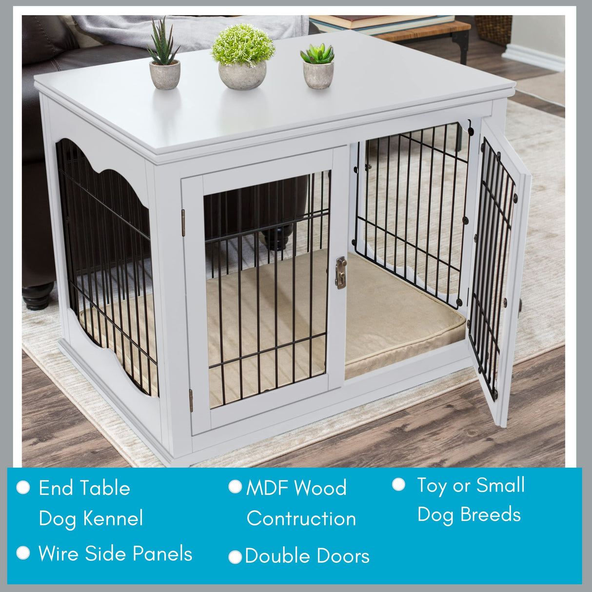 BIRDROCK HOME Decorative Dog Kennel with Pet Bed - Small Indoor Pet Crate, Double Door Design, Engineered Wood & Metal Wire, Furniture-Style House for Small Dogs, Side Table or Nightstand, White BIRDROCK HOME