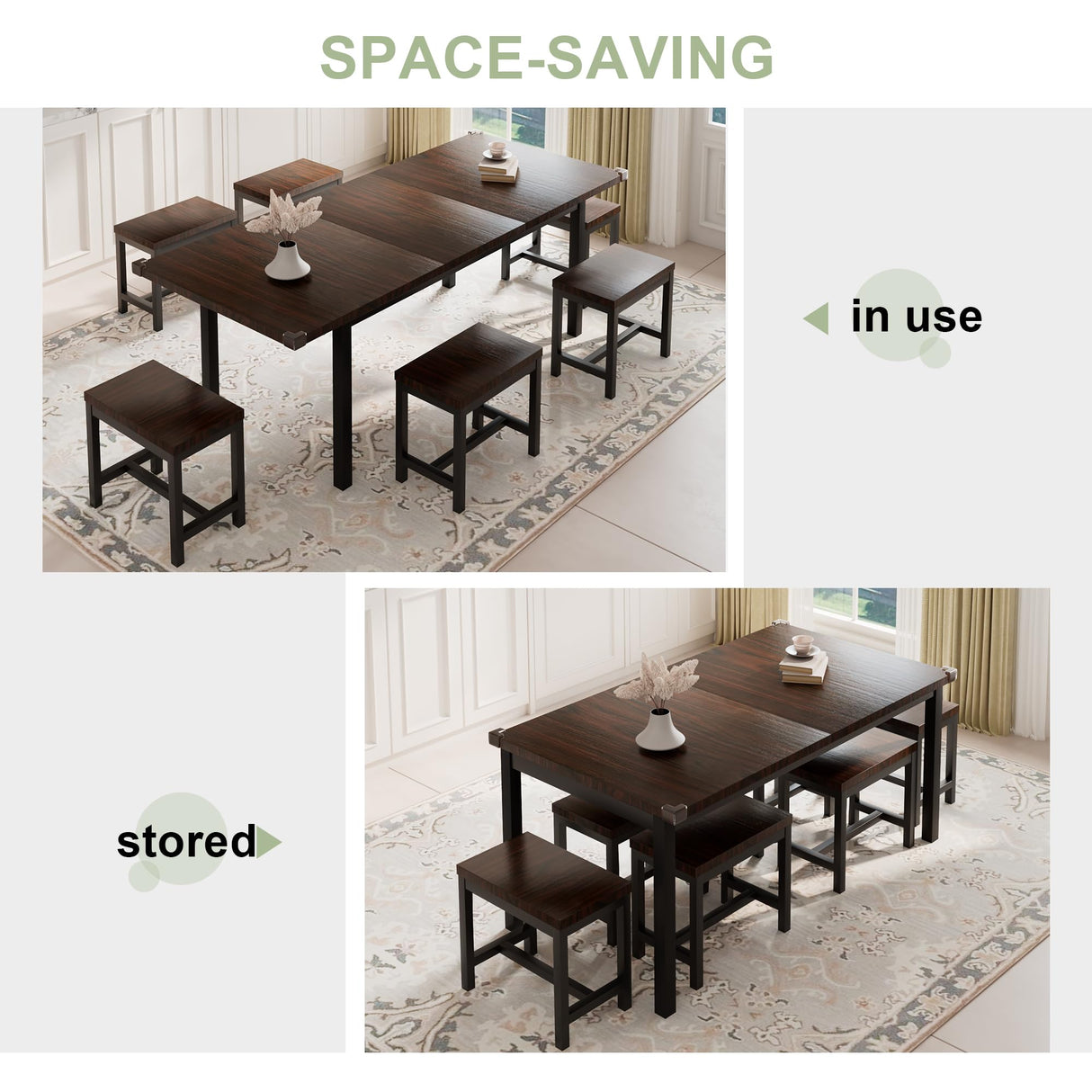 Feonase 7-Piece Dining Table Set with 6 Stools, 63 Inch Extendable Kitchen Table for 4-8, Kitchen Room Set with MDF Board & Metal Frame, Farmhouse Table, Space-Saving, Espresso Feonase
