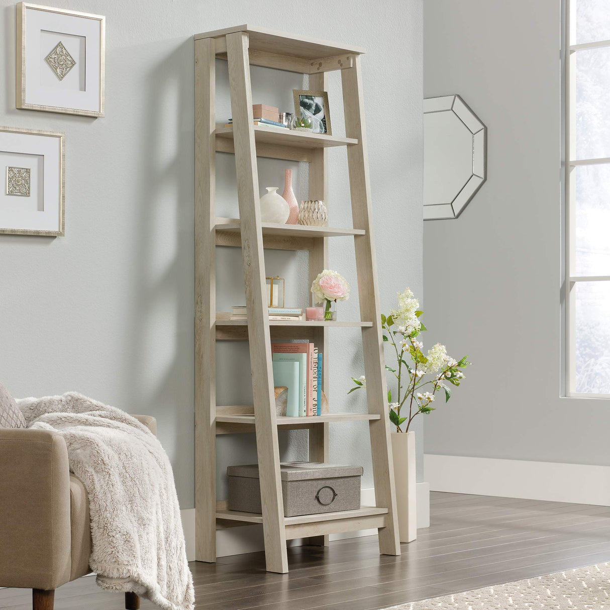 Sauder Trestle 5-Shelf Bookcase in Chalked Chestnut Finish Sauder