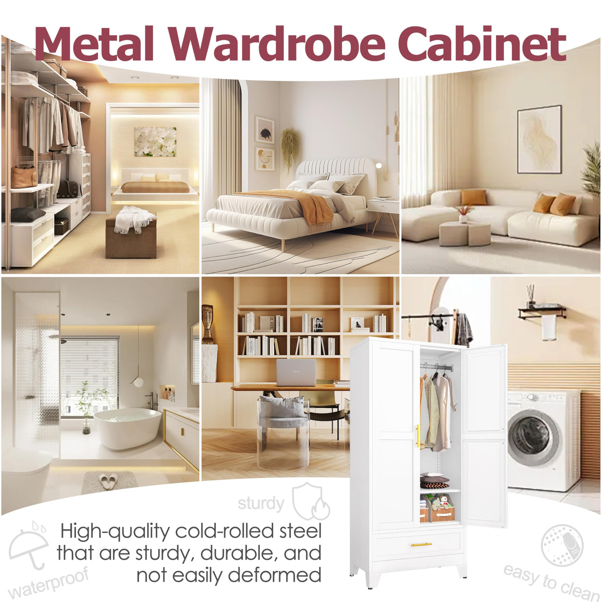 GAIOUS Steel Armoire Wardrobe Closet with 2 Doors, 71" Household Wardrobe Cabinet with Hanging Rod and Drawers, Metal Clothing Storage Cabinet with Adjustable Shelf for Bedroom, Cloak Room, Gym(White) GAIOUS