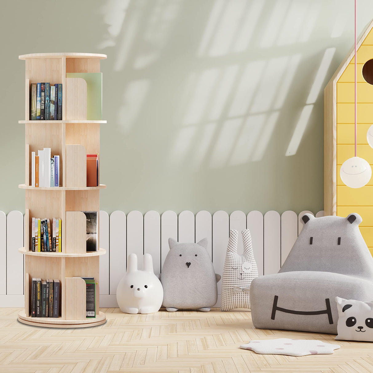 Cuguords 360 Display Rotating Bookshelf Tower, Spinning Bookshelf, 4 Tier Revolving Bookcase for Kids&Adults, Rotating Bookcase for Bedroom, Living Room,Solid Wood Bookshelf Organizer for Small Space Cuguords