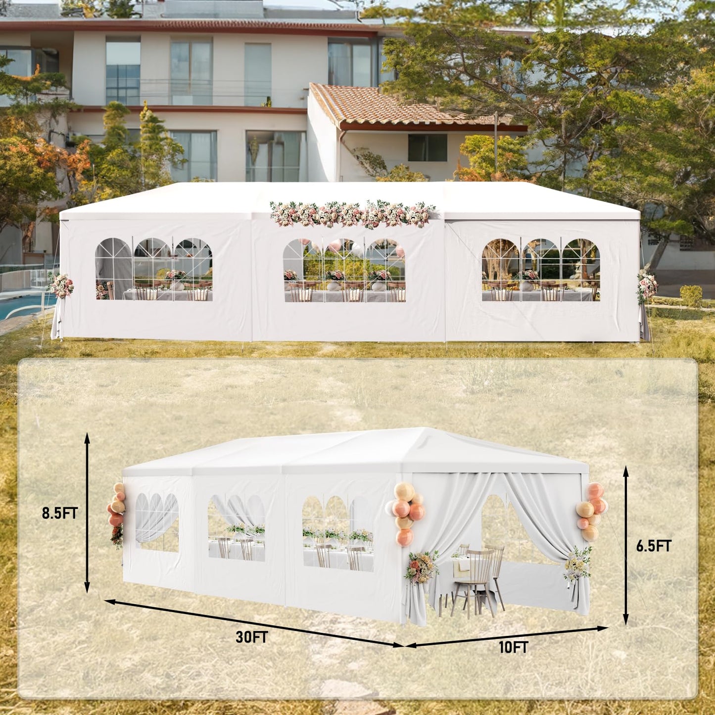 Susici 10x30 Outdoor Gazebo Canopy Party Tent with 8 Removable Sidewalls & Transparent Windows,Outside Gazebo Event Tent for Weddings, Birthdays, Garden Parties, and Backyard Patio BBQ Events - WoodArtSupply