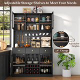 72" Tall Wine Bar Cabinet with Storage Hutch & Pegboard, Coffee Bar Cabinet with LED Lights, Modern Liquor Cabinets with 9-grid Wine & Glass Racks, Pantry Cabinet for Kitchen, Living Room (Black) Auromie