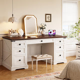 EnHomee 55" Computer Desk with 7 Drawers Farmhouse Computer Desk with Charging Station Home Office Desk for Study, Bedroom, Living Room, Office Desk,Desk,Brown+White,Dark Rustic Oak EnHomee