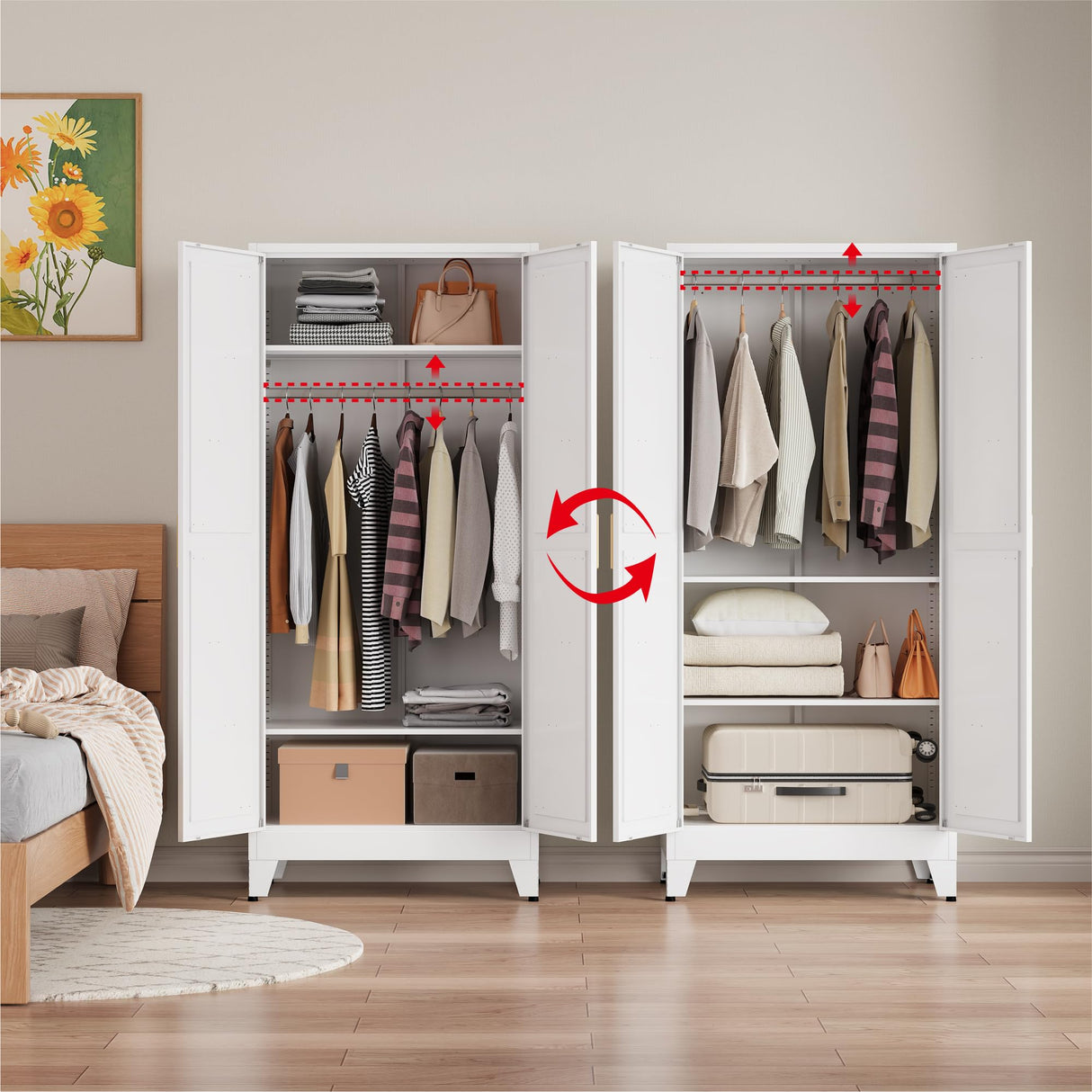 XIUSVON Metal armoire Wardrobe Closet with Hanging Rod,71'' Metal Wardrobe Cabinet with 2 Doors and 2 Adjustable Shelves, Bedroom armoires,Laundry Room cabinets,armario de ropa Closet(Classic, White) XIUSVON