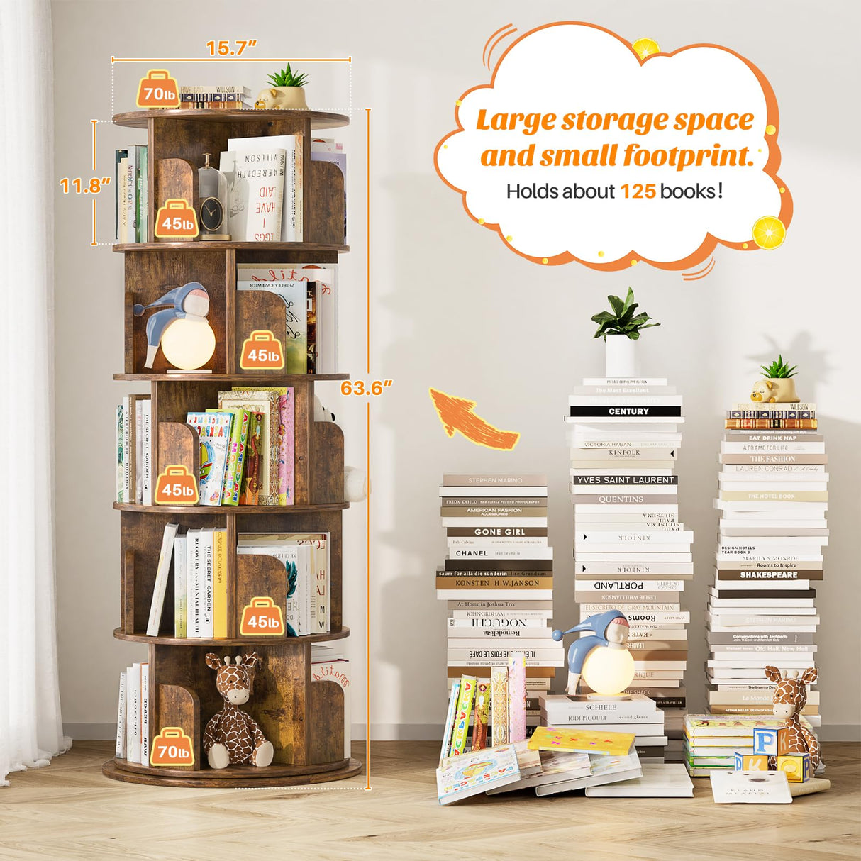 Stylish 360° Rotating 5-Tier Bookshelf in Rustic Brown for Space-Saving Storage Aheaplus