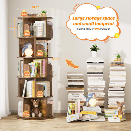 Stylish 360° Rotating 5-Tier Bookshelf in Rustic Brown for Space-Saving Storage - WoodArtSupply