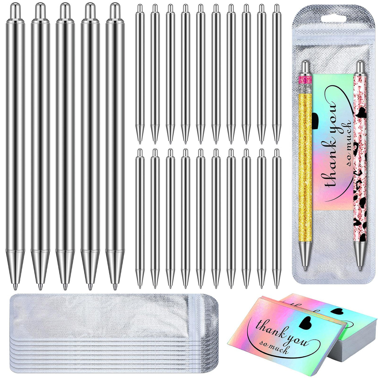 Qilery 25 Set Stainless Steel Pen Resin Blank Pens for UV Dtf Wraps Sublimation Pens Gifts Resealable Pouch Bag and Holographic Thank You Cards Set for DIY Glitter Pen Epoxy Pen Craft Blanks Gel Pen Qilery