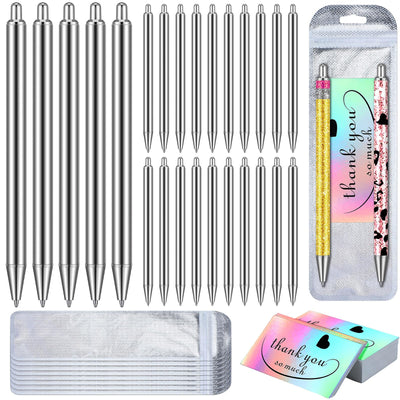 Qilery 25 Set Stainless Steel Pen Resin Blank Pens for UV Dtf Wraps Sublimation Pens Gifts Resealable Pouch Bag and Holographic Thank You Cards Set for DIY Glitter Pen Epoxy Pen Craft Blanks Gel Pen