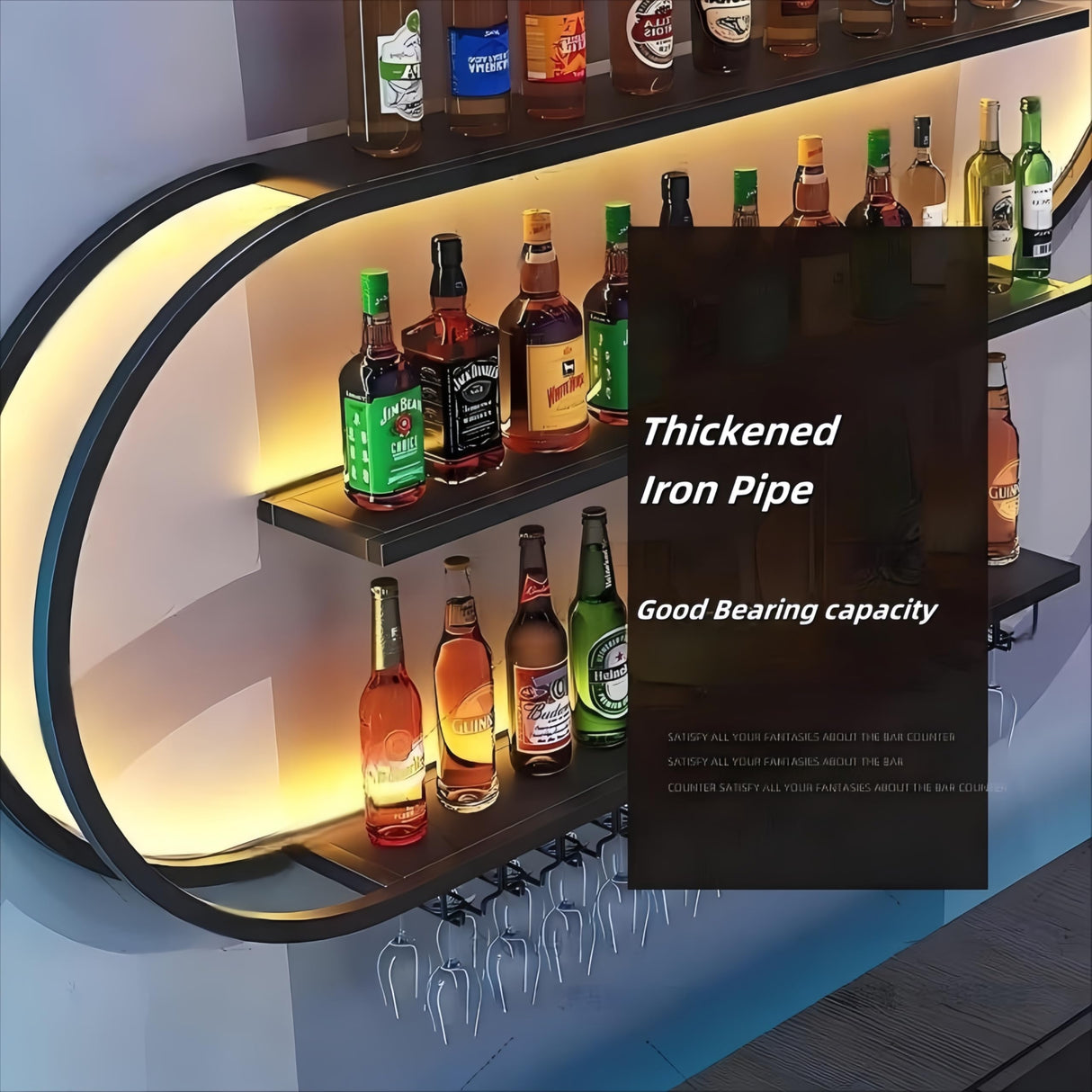 HFTUW 71 Inch Wall-Mounted Wine Rack with Led Light, 4-Tier Half Round Bar Shelves, Industrial Metal Display Storage Shelf & Wine Glass Hooks for Home Bar, Dining Room(Black-Yellow Led, 71in/180cm) HFTUW