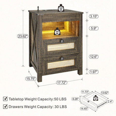 FREDEES Farmhouse Nightstand with Gun Drawer, End Table with Charging Station, LED Bedside Table with Human Sensor Light, Rattan Night Stand for Bedroom, Rustic Brown FREDEES