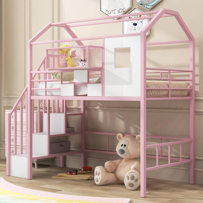 Twin Size House Loft Bed with Stairs and Storage, Heavy-Duty Metal Princess Loft Bed Frame with Storage Box and Safety Rail for Girls Kids Teens, Pink