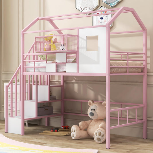 Harper & Bright Designs House Loft Bed with Stairs, Metal Twin Loft Bed Frame with Roof and a Storage Box, Modern Style Heavy-Duty Steel Frame Loft Bed with Safety Rail, for Kids Teens (Twin, Pink)