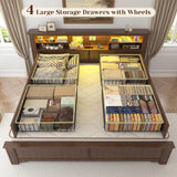 EnHomee King Size Bed Frame and Headboard & Storage, 4 Drawers & LED & USB King Bed Frame with Storage Farmhouse, Built in Charging Station,NO Noise,No Box Spring Needed,Brown EnHomee