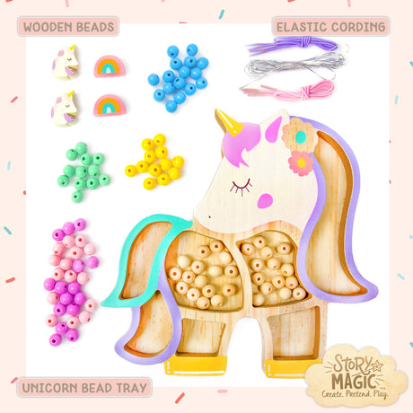 Story Magic Unicorn Bead Set by Horizon Group USA, Create Your Own Magical Beaded Jewelry, Includes Over 100 Natural Wooden Beads Large Hole, 5 Pre-Cut Elastic Cords with Shoelace Ends, Storage Case Story Magic