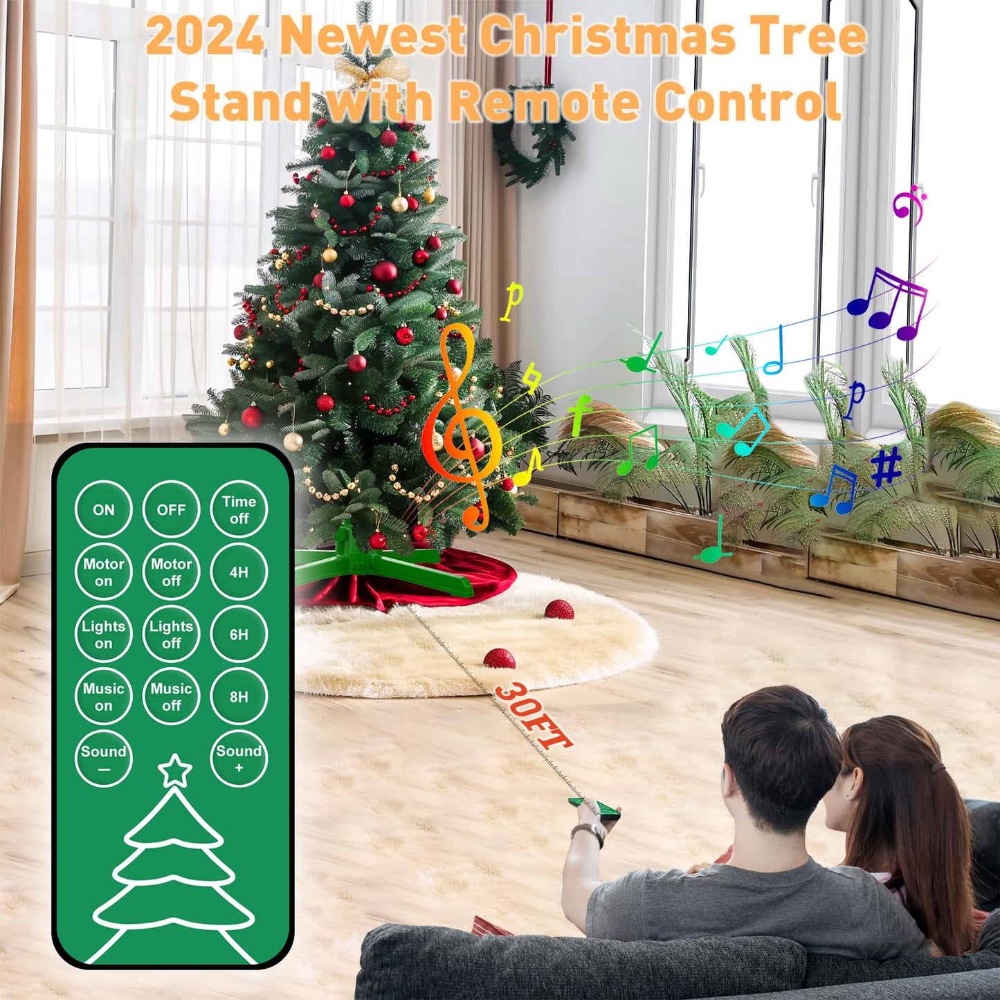 TAOQQI 360 Degree Rotating Christmas Tree Stand, Adjustable Spinning Christmas Tree Base for Up to 9.8FT and 130 Pounds Artificial Tree, Musical Christmas Tree Holder with Remote Control