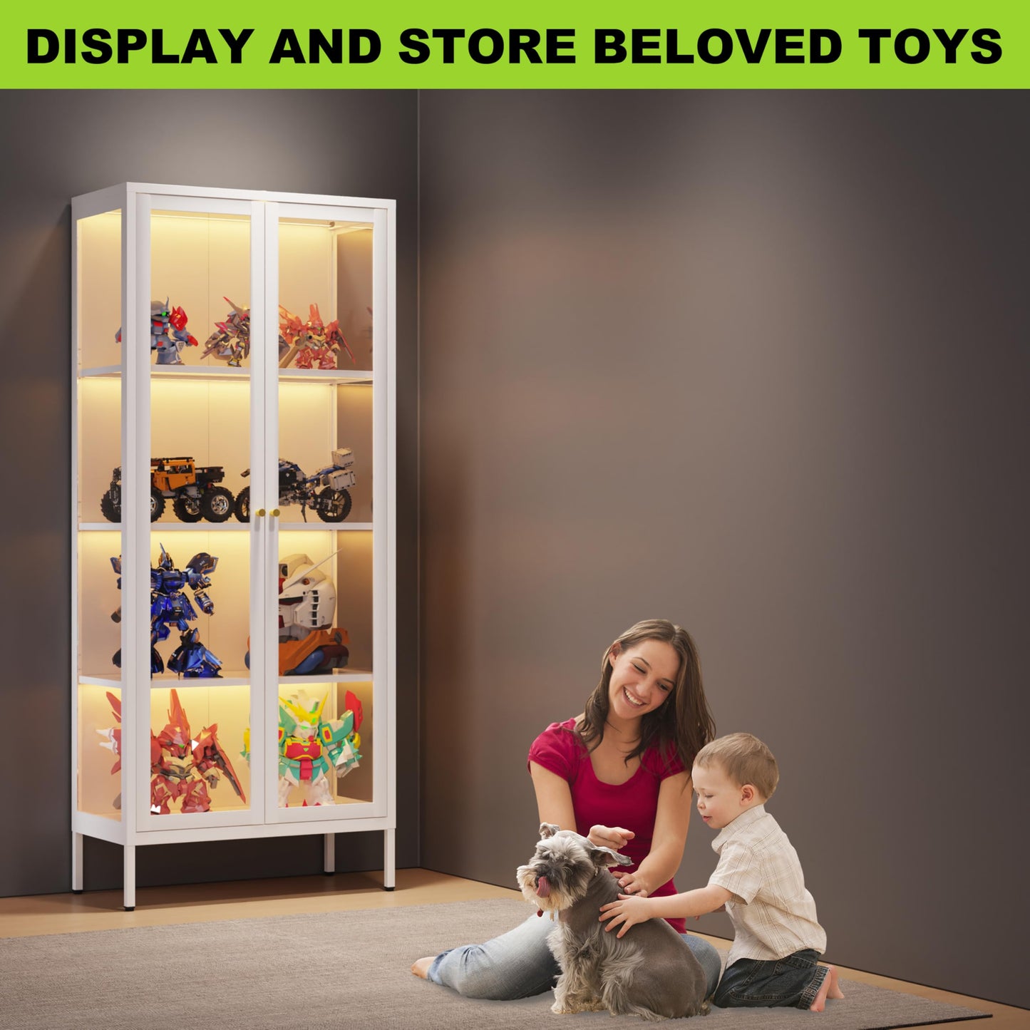 UNICOLY Display Cabinet with Glass Doors, Glass Display Cabinet with Lights, Curio Display Cabinet with 3 Shelves, Metal Storage Cabinet with 3 Color LED Lights for Living Room. White