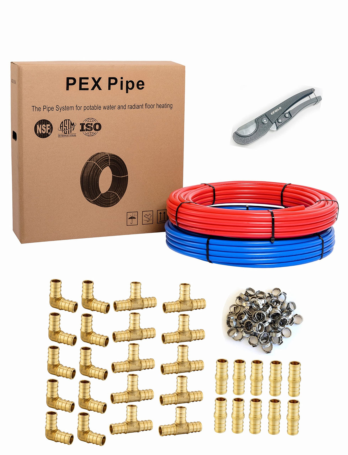 EFIELD 1/2 Inch 2 x 100 ft (200 Ft) Pex-b Pipe/Tubing, 30 Pcs 1/2-inch Barb Crimp Brass Fittings, 100 Pcs Stainless Steel Cinch Clamps, Pipe Cutter EFIELD