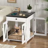 VOWNER Dog Crate Furniture, Wooden Dog Kennel End Table with USB Charging Station, Storage Drawer, Double Latched Door, Furniture-Style Crate Side Table for Small Dogs Under 25 lbs Indoor Use, White VOWNER