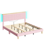 Bestier King Corduroy Upholstered Bed Frame with Adjustable Vertical Channel Headboard, LED Platform Bed with Storage Shelf, Solid Wood Leg & Slat Support, No Box Spring Needed, Never Squeaks, Pink Bestier