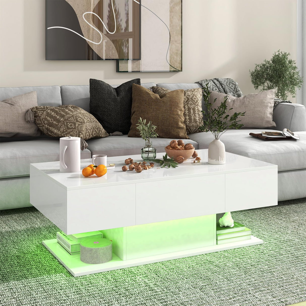 Giantex Modern LED Coffee Table - 2-Tier Center Table w/ 2 Storage Drawers, Adjustable Brightness & Speed, 20-Color Light, 43.5''L Rectangular High-Gloss Finished Table for Living Room (White) Giantex
