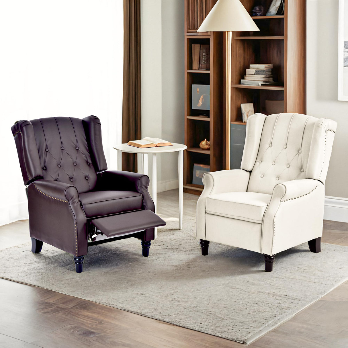 FLEXISPOT XC5 Pushback Recliner Chair for Adults, Mid Century Wingback Accent Chair with Rivet Decoration, Tufted Upholstered Single Sofa Armchair for Living Room, Bedroom, Study (Fabric, White) FLEXISPOT