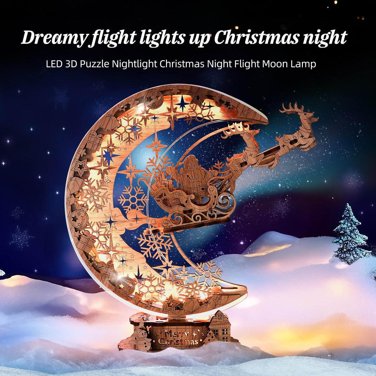 FUNPOLA LED 3D Wooden Puzzle Christmas Night Flight Moon Lamp, DIY Craft Kit Festive Nightlight for Holiday Décor, Unique for Adults and Kids,Brown FUNPOLA