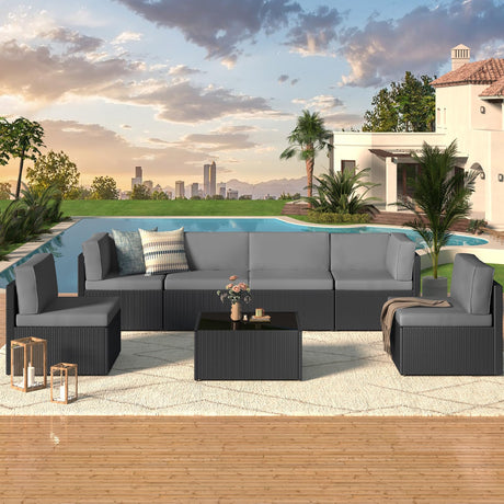 U-MAX 7 Piece Outdoor Patio Furniture Set, PE Rattan Outdoor Wicker Sectional Furniture Chair Set with Cushions and Tea Table, Black Rattan and Dark Grey Cushion U-MAX