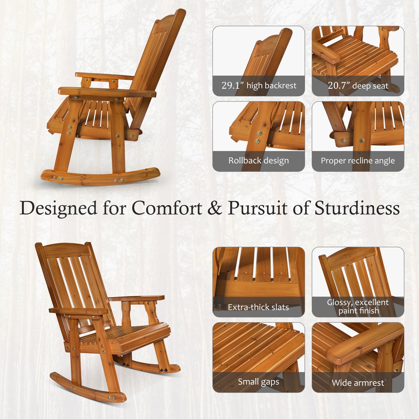 Wooden Rocking Chair with Comfortable Backrest Inclination, High Backrest and Deep Contoured Seat, Solid Fir Wood, Heavy Duty 600 LBS, for Backyard, Porch and Patio (Teak Tone with Table)