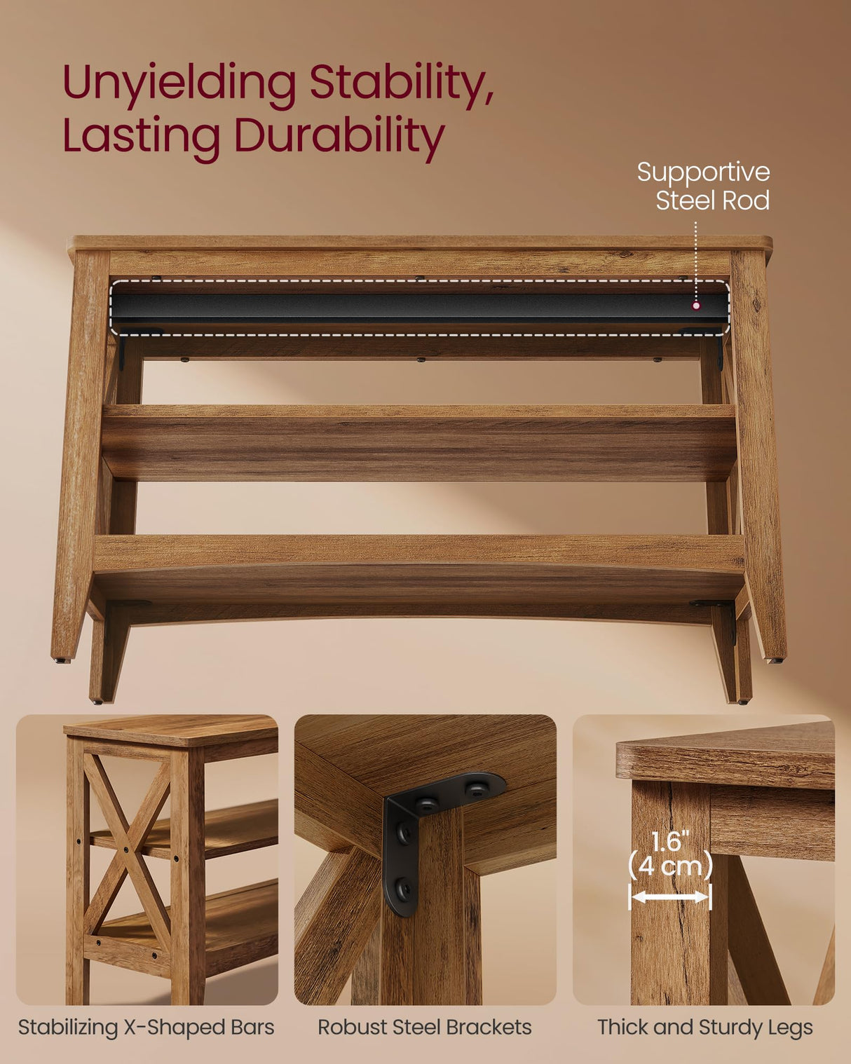 VASAGLE, Entryway Storage Bench, 2-Tier Shoe Rack, 11.8 x 31.5 x 18.9 Inches, Holds up to 300 lb, Farmhouse Style, for Living Room, Bedroom, Honey Brown ULSB053K41 VASAGLE